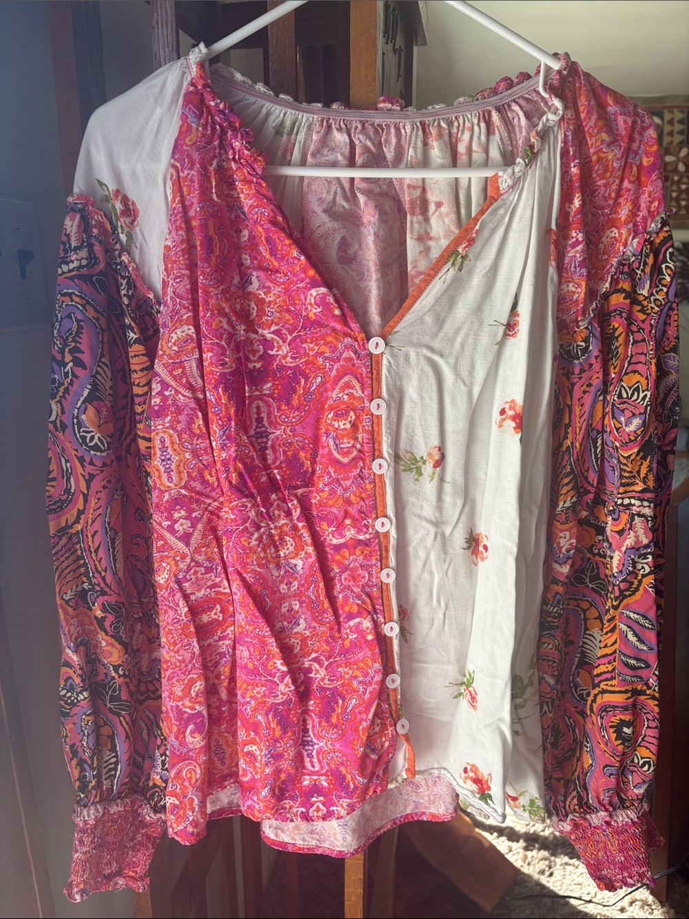Boho Mixed-Print Pink Button-Front Women’s Top